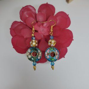 1.5" Cloisonne Round Blue with Pink flower design earrings